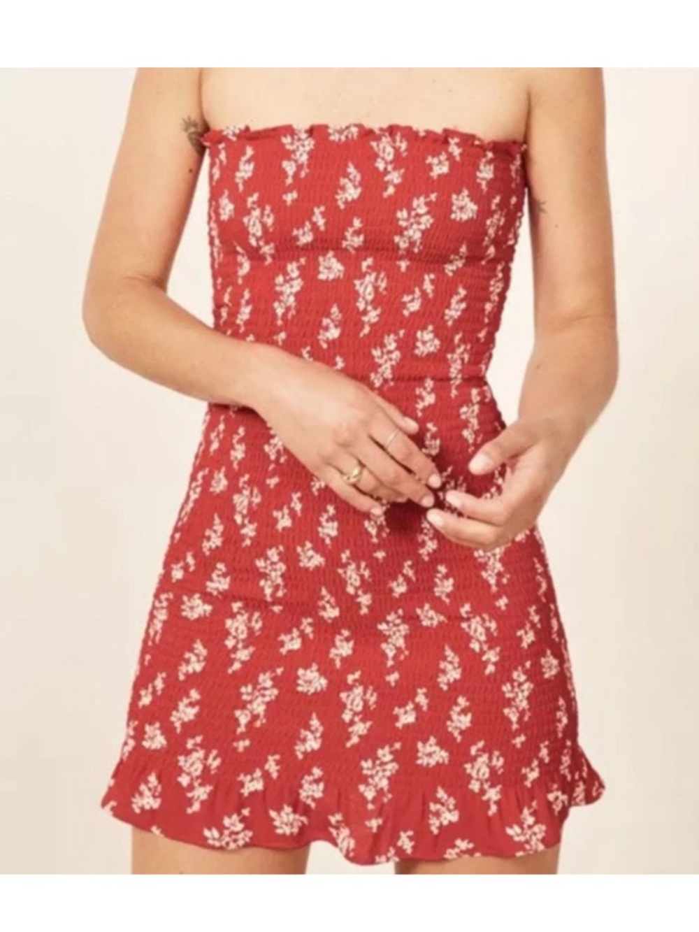 Reformation Red Strapless Floral Sundress